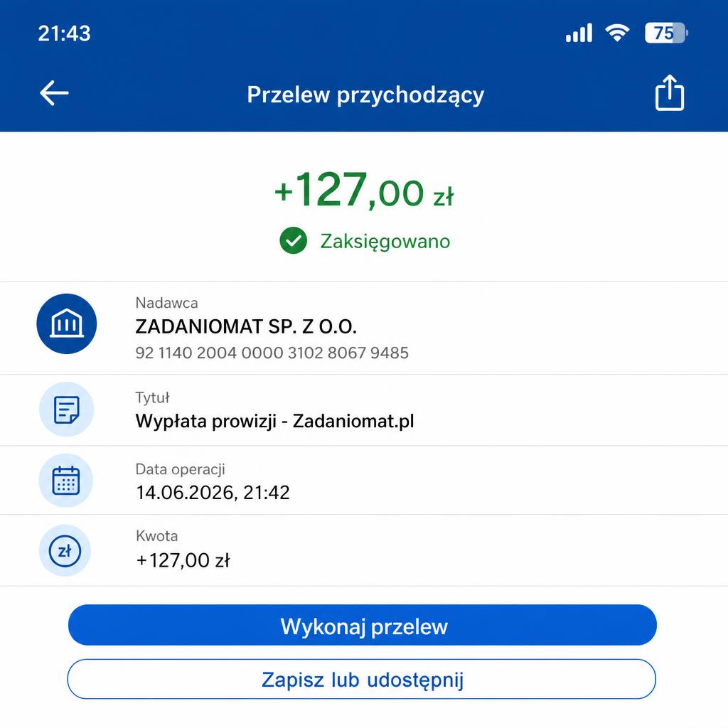 Potwierdzenie przelewu bankowego 127,00 zł od Zadaniomat