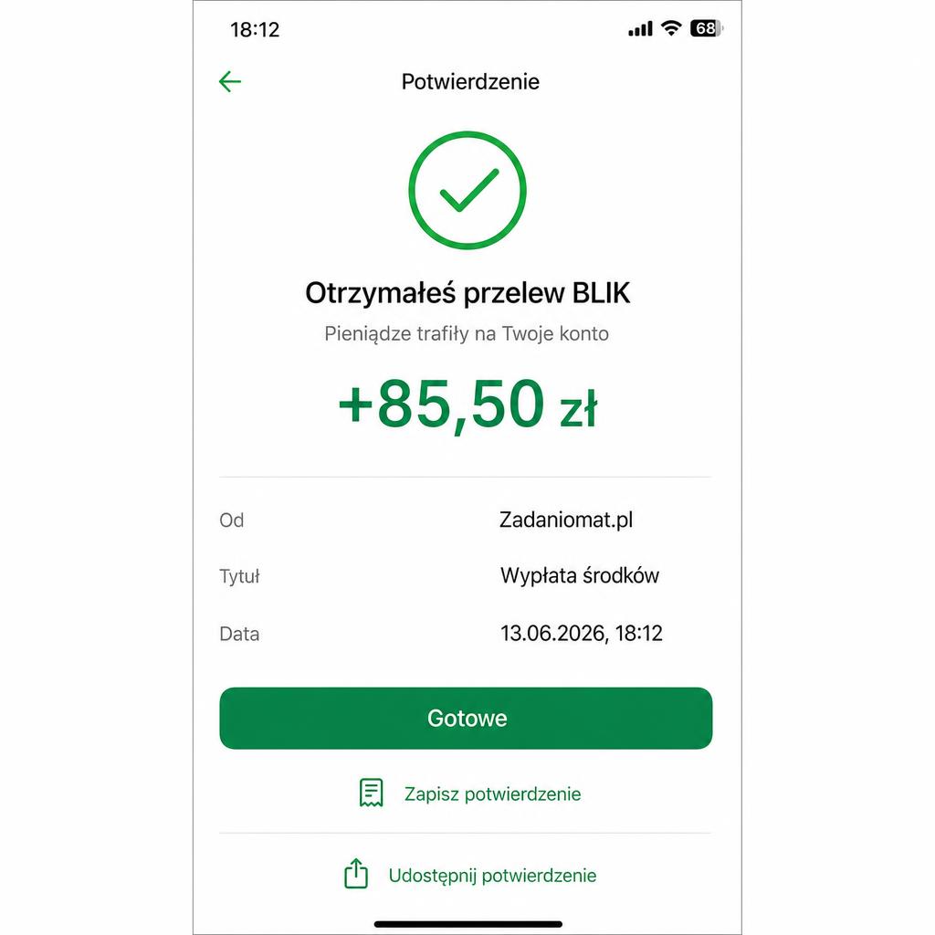 Potwierdzenie wypłaty BLIK 85,50 zł