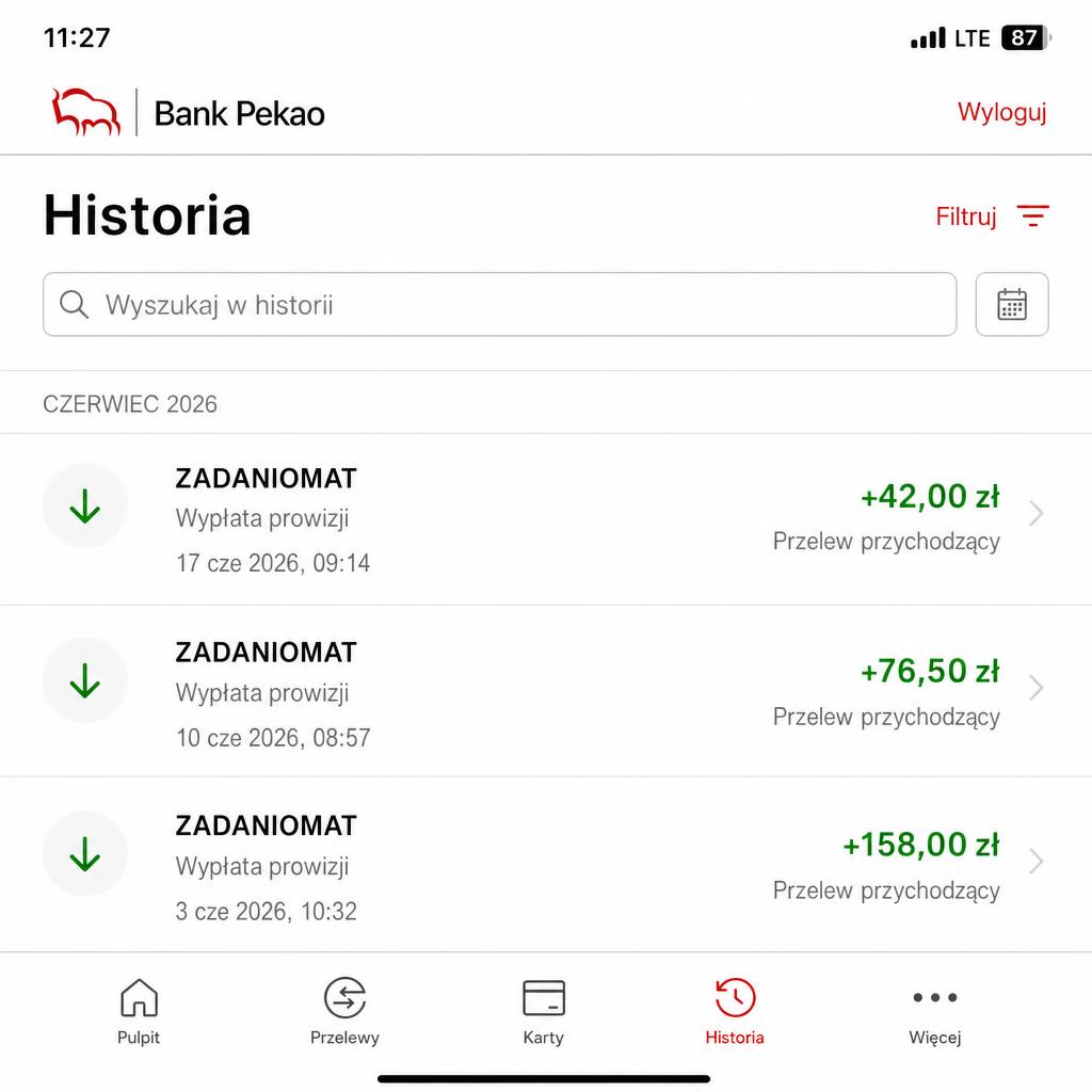 Historia przelewów od Zadaniomat w aplikacji bankowej